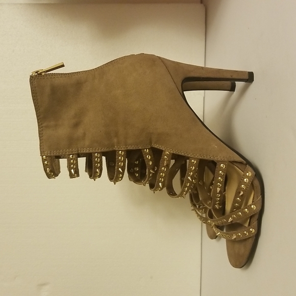 Beige Peep Toe Spike Stiletto High Heel Ankle Boots Studs Size 8 - Picture 5 of 12